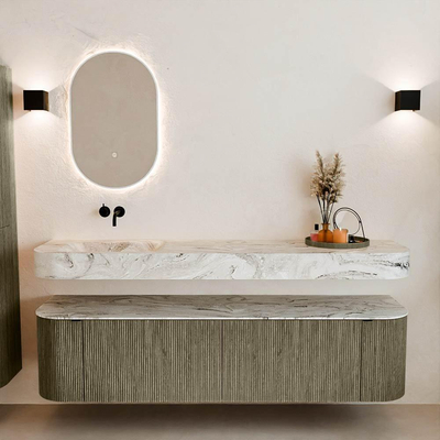 MONDIAZ THOR-DLUX 180cm meuble de salle de bains arrondi gauche + droite couleur Shadow avec 2 tiroirs et 2 portes. Vasque suspendue CLOUD Gauche sans trou de robinet couleur Glace.