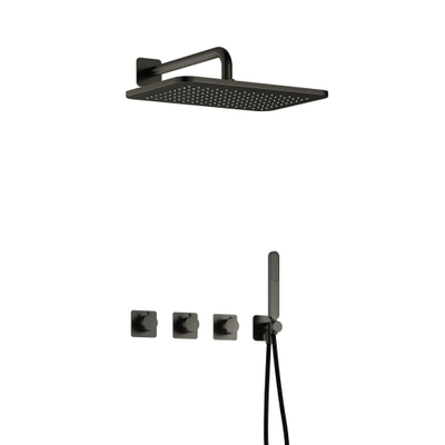 Hotbath Gal IBSGL70 Ensemble de douche encastré thermostatique - 2 robinets d'arrêt - bras mural 35cm - douche de tête rectangulaire 27cm - douchette barre - gun metal brossé PVD