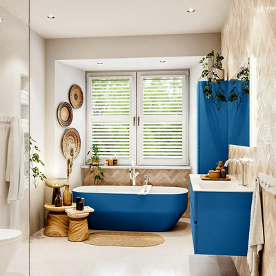 Mondiaz VICA Ensemble de meuble de salle de bain - 120cm - meuble sous-vasque jeans - 2 tiroirs - lavabo cloud droite - 1 trou de robinet - version haute de 60cm - talc