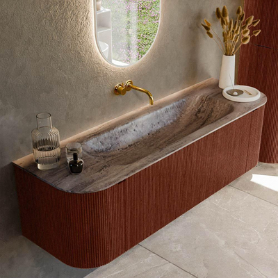 MONDIAZ KURVE-DLUX 150cm badmeubel ronding Links + Rechts kleur Ruby met 1 lade en 2 deuren. Wastafel BIG MEDIUM Midden zonder kraangat Oza.