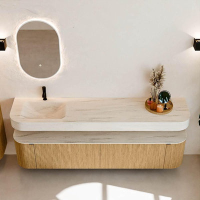 MONDIAZ THOR-DLUX Meuble de salle de bains - 200cm - arrondi gauche + droite - couleur Oak - 2 tiroirs et 2 portes - Vasque suspendue CLOUD Gauche 1 trou de robinet couleur Meli