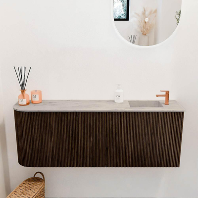 Mondiaz JOYA-DLUX 111.6cm toiletmeubel - ronding links kleur Walnut - Wastafel FAYE positie Rechts 1 kraangat kleur Glace.