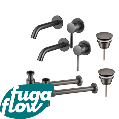 FugaFlow Eccelente Sobrado Badkamer Slim Wastafelkraanset - voor dubbele wastafel - inbouw wastafelkraan - always open plug - design sifon - PVD Gepolijst Gunmetal