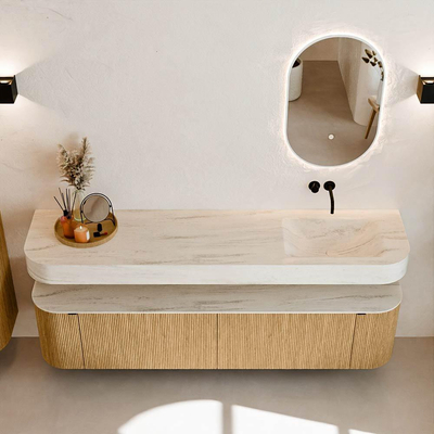 MONDIAZ THOR-DLUX Meuble de salle de bains 190cm arrondi gauche + droite couleur Oak avec 2 tiroirs et 2 portes. Vasque suspendue CLOUD Droite sans trou de robinet couleur Meli.