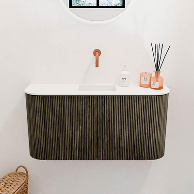 Mondiaz JOYA 83.2cm meuble de salle de bains - arrondis gauche et droite couleur Shadow - Vasque FAYE position Milieu Sans trou de robinet couleur Talc