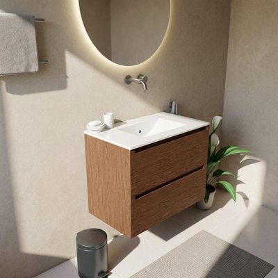 Saniclass Holz Pure Ensemble de meubles de salle de bains - 80x45x62cm - lavabo Vygo en céramique blanc - 1 vasque - sans trou de robinet - 2 tiroirs - walnut pure mat (bois)