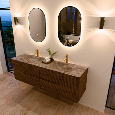 Mondiaz CIRO-DLUX Badkamermeubelset - 160x45x50cm - Solid surface wastafel Oza - 2 wasbak Dubbel - 2 kraangaten - 4 lades - Dusk