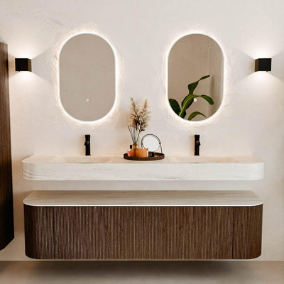 MONDIAZ THOR-DLUX Meuble de salle de bains 180cm arrondi gauche + droite couleur Walnut avec 2 tiroirs et 2 portes. Vasque suspendue CLOUD Double 2 trous de robinet couleur Meli.