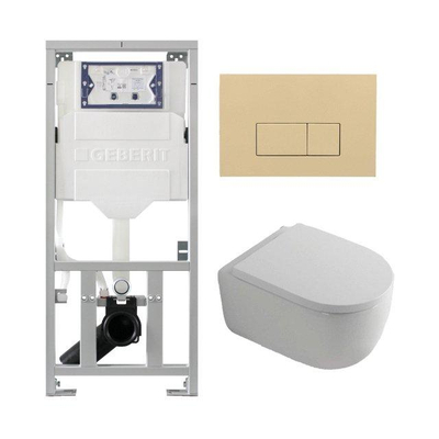 QeramiQ Dely Swirl Toiletset - 36.3x51.7cm - Geberit UP320 inbouwreservoir - met Burda frame - 35mm zitting - bedieningsplaat beige - rechthoekige knoppen - wit glans