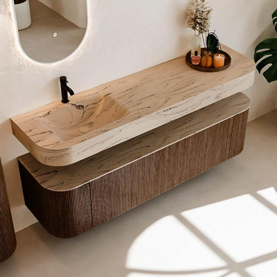 MONDIAZ THOR-DLUX 170cm meuble de salle de bains arrondi gauche + droite couleur Walnut avec 1 tiroir et 2 portes. Vasque suspendue CLOUD gauche 1 trou de robinet couleur Arena.