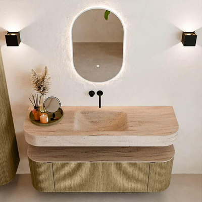 MONDIAZ THOR-DLUX 140cm meuble de salle de bains arrondi gauche + droite couleur Dusk avec 1 tiroir et 2 portes. Vasque suspendue CLOUD Milieu sans trou de robinet couleur Saba.