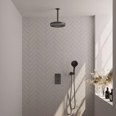BRAUER Stripe Thermostatische Inbouw Regendouche - 3-weg - rechthoekig - 25cm douchekop - plafondarm - 3-standen handdouche - doucheslang - wandaansluitbocht - gunmetal geborsteld PVD