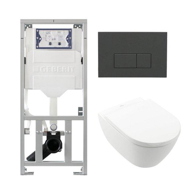 Villeroy Boch Subway 2.0 DirectFlush Toiletset - geberit reservoir - bedieningsplaat rechthoekige knoppen antracit mat - softclose - wit