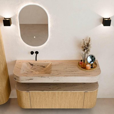 MONDIAZ THOR-DLUX 140cm badmeubel ronding links + rechts kleur Oak met 1 lade en 2 deuren. Vrijhangende wastafel CLOUD Links zonder kraangat kleur Arena.