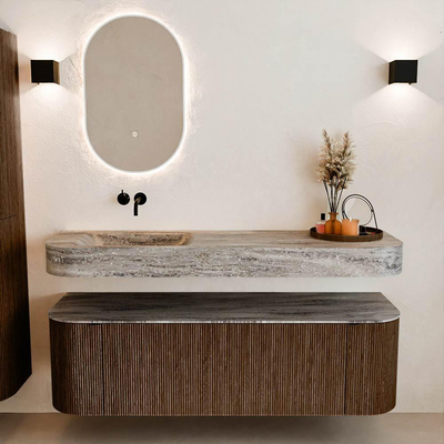 MONDIAZ THOR-DLUX 150cm badmeubel ronding links + rechts kleur Walnut met 1 lade en 2 deuren. Vrijhangende wastafel CLOUD Links zonder kraangat kleur Oza.