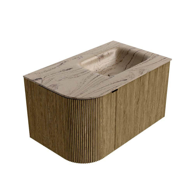 MONDIAZ KURVE-DLUX meuble de salle de bains 75cm arrondi Gauche couleur Dusk avec 1 tiroir et 1 porte. Lavabo GRUNNE Droite sans trou de robinet Arena.