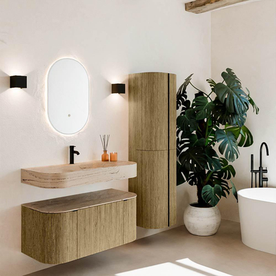 MONDIAZ THOR-DLUX 100cm meuble de salle de bains arrondi gauche + droite couleur Dusk avec 1 tiroir et 2 portes. Vasque suspendue CLOUD Milieu 1 trou de robinet couleur Arena.