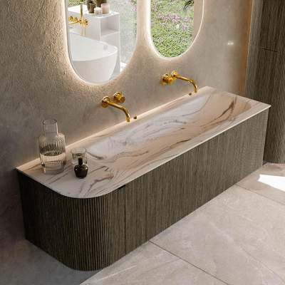 MONDIAZ KURVE-DLUX Meuble de salle de bains 145cm arrondi à gauche couleur Shadow avec 1 tiroir et 1 porte. Vasque BIG LARGE à droite sans trou de robinet Nata.