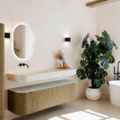 MONDIAZ THOR-DLUX 160cm meuble de salle de bains arrondi gauche + droite couleur Dusk avec 1 tiroir et 2 portes. Vasque suspendue CLOUD gauche sans trou de robinet couleur Opalo.