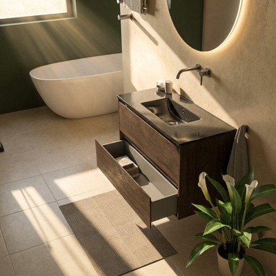 Saniclass Holz Pure Ensemble de meubles de salle de bains - 100x45x62cm - Lavabo Vygo en céramique noir - 1 vasque - sans trou de robinet - 2 tiroirs - chêne charcoal mat (bois)