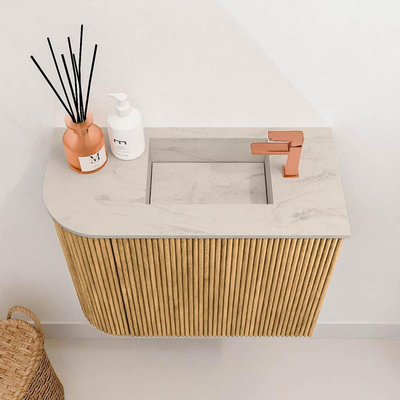 Mondiaz JOYA-DLUX Meuble de toilette 51,6cm - arrondi gauche couleur Chêne - Vasque FAYE position Droite 1 trou de robinet couleur Opalo