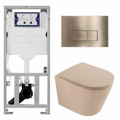 QeramiQ Dely Pack WC - 36.3x51.7cm - à fond creux - sans bride - réservoir encastré Geberit UP320 - abattant WC à fermeture douce - plaque de déclenchement en laiton brossé - boutons rectangulaires - beige mat