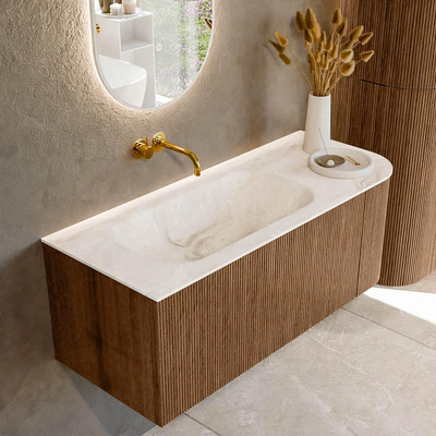 MONDIAZ KURVE-DLUX 115cm Meuble salle de bain avec module 25 D - couleur Walnut - 1 tiroir - 1 porte - vasque BIG SMALL gauche - sans trou de robinet - couleur Frappe