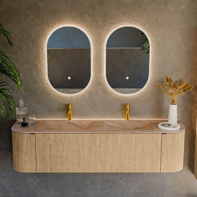 MONDIAZ KURVE-DLUX 170cm badmeubel ronding Links + Rechts kleur Oak met 1 lade en 2 deuren. Wastafel LEAF Dubbel 2 kraangaten Arena.