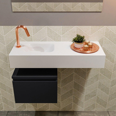 MONDIAZ ANDOR Meuble WC - 80x30x30cm - 1 trou de robinet - 1 tiroir - urban mat - lavabo à gauche - Solid surface - Blanc