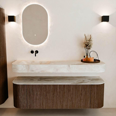 MONDIAZ THOR-DLUX 150cm meuble de salle de bains arrondi gauche + droite couleur Walnut avec 1 tiroir et 2 portes. Vasque suspendue CLOUD Gauche sans trou de robinet couleur Frappe.