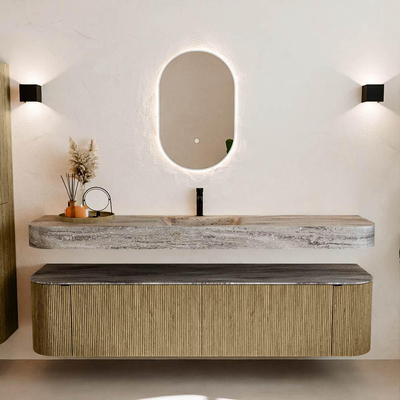 MONDIAZ THOR-DLUX Meuble de salle de bains 190cm arrondi gauche + droite couleur Dusk avec 2 tiroirs et 2 portes. Vasque suspendue CLOUD Milieu 1 trou de robinet couleur Oza.