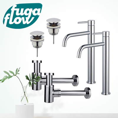 FugaFlow Eccelente Sobrado Slim Kit robinet lavabo - pour double vasque - robinet rehaussé - bonde clic clac - siphon design bas - Chrome brillant