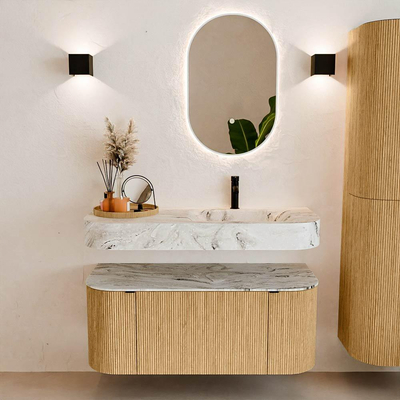 MONDIAZ THOR-DLUX 110cm badmeubel ronding links + rechts kleur Oak met 1 lade en 2 deuren. Vrijhangende wastafel CLOUD Rechts 1 kraangat kleur Glace.