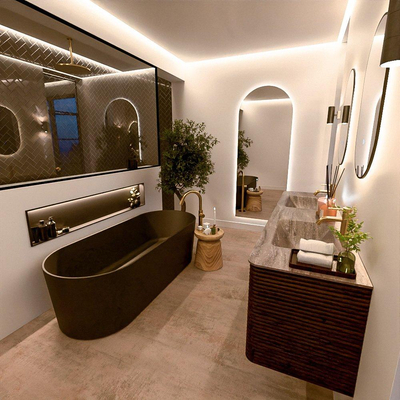 Mondiaz CIRO-DLUX Ensemble de meuble de salle de bains - 180x45x50cm - Plan vasque solid surface Oza - 2 vasques double - 2 trous de robinet - 4 tiroirs - Noyer