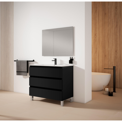 Saniclass Chaci PLUS Meuble de salle de bain - 100x86x46cm - lavabo en céramique blanc - 1 vasque - 1 trou de robinet - 3 tiroirs - miroir rectangulaire - noir mat