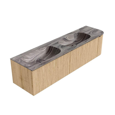 MONDIAZ KURVE-DLUX 175cm badmeubel ronding Rechts kleur Oak met 2 lades en 1 deur. Wastafel STOR SMALL Dubbel / Links zonder kraangat Sombra.