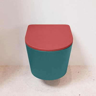 Mondiaz LAVIE hangtoilet – spoelrandloos – 36 x 53 cm – met softclose zitting – Smag (groen), zitting Fire (rood)