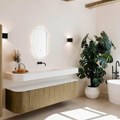 MONDIAZ THOR Meuble de salle de bains 180cm arrondi gauche + droite couleur Dusk avec 2 tiroirs et 2 portes. Vasque suspendue CLOUD Milieu sans trou de robinet couleur Talc.