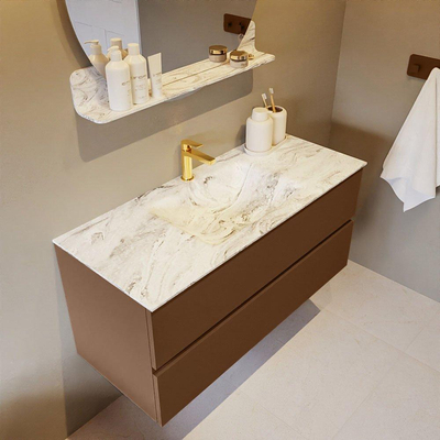 Mondiaz VICA-DLUX Ensemble de meuble de salle de bain - 110cm - meuble sous-vasque reposant - 2 tiroirs - lavabo encastrée cloud milieu - 1 trou de robinet - version haute de 60cm - glace