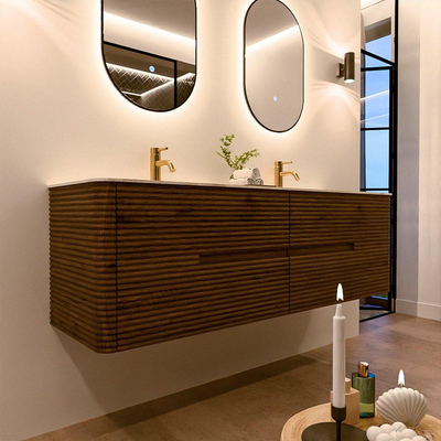 Mondiaz CIRO-DLUX Badkamermeubelset - 160x45x50cm - Solid surface wastafel Ostra - 2 wasbak Dubbel - 2 kraangaten - 4 lades - Dusk