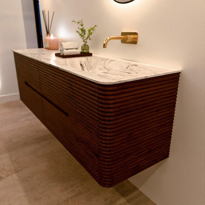 Mondiaz CIRO-DLUX Badkamermeubelset - 160x45x50cm - Solid surface wastafel Glace - 1 wasbak Rechts - zonder kraangaten - 4 lades - Ruby