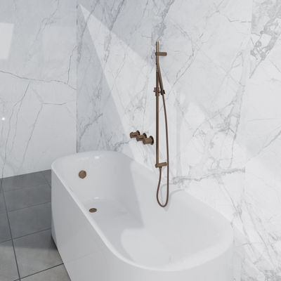 Fortifura Nebbio Ensemble combiné bain - mitigeur thermostatique - barre coulissante avec coude mural intégré - flexible de douche métallique - douchette sur barre - Remplissage-vidage de baignoire - cuivre brossé PVD (cuivre)