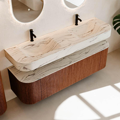 MONDIAZ THOR-DLUX 160cm meuble de salle de bains arrondi gauche + droite couleur Ruby avec 1 tiroir et 2 portes. Vasque suspendue CLOUD Double 2 trous de robinet couleur Nata.