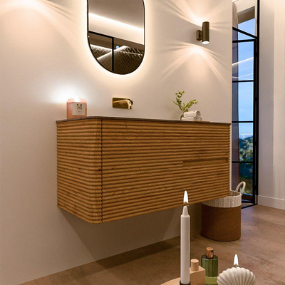 Mondiaz CIRO-DLUX Meuble de salle de bains - 110x45x50cm - Plan vasque en solid surface Sombra - 1 vasque à gauche - sans trous de robinet - 2 tiroirs - Chêne