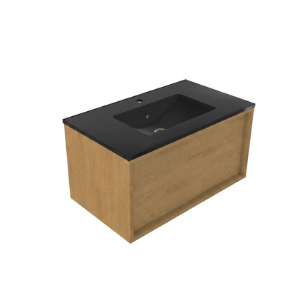 Saniclass Holz Frame Ensemble de meubles de salle de bains - 80x45x42cm - Vasque Vygo en céramique noire - 1 vasque - 1 trou de robinetterie - 1 tiroir - chêne natural mat (bois)