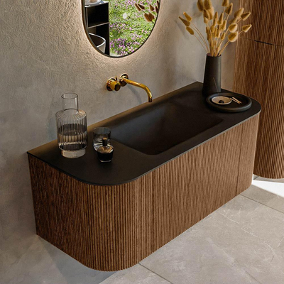 MONDIAZ KURVE 110cm Meuble salle de bain avec module 25 G et D - couleur Walnut - 1 tiroir - 2 portes - vasque CLOUD centre - sans trous de robinet - Urban