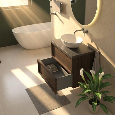 Saniclass Holz Frame Ensemble meuble de salle de bains - 80x45x63cm - Plan vasque en basalte Noche poli (noir) - sans trou de robinet - 2 tiroirs - chêne charcoal mat (bois)