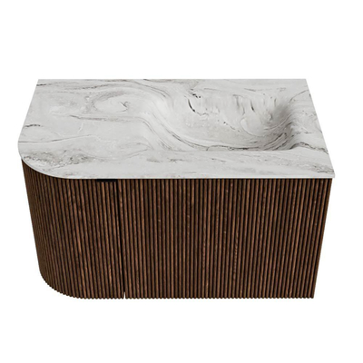 MONDIAZ KURVE-DLUX Meuble de salle de bains 75 cm avec module 25 L couleur Walnut avec 1 tiroir et 1 porte. Lavabo GRUNNE à droite sans trou de robinet couleur Glace.