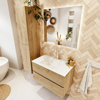 MONDIAZ VICA meuble sous lavabo 80cm Chêne blanchi 2 tiroirs. Lavabo CLOUD centre 1 trou de robinet, couleur Talc.