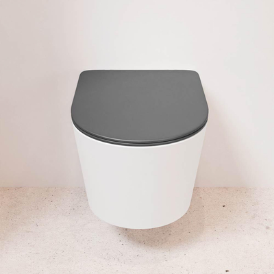 Mondiaz LAVIE hangtoilet – spoelrandloos – 36 x 53 cm – met softclose zitting – Talc (wit), zitting Dark grey (grijs)